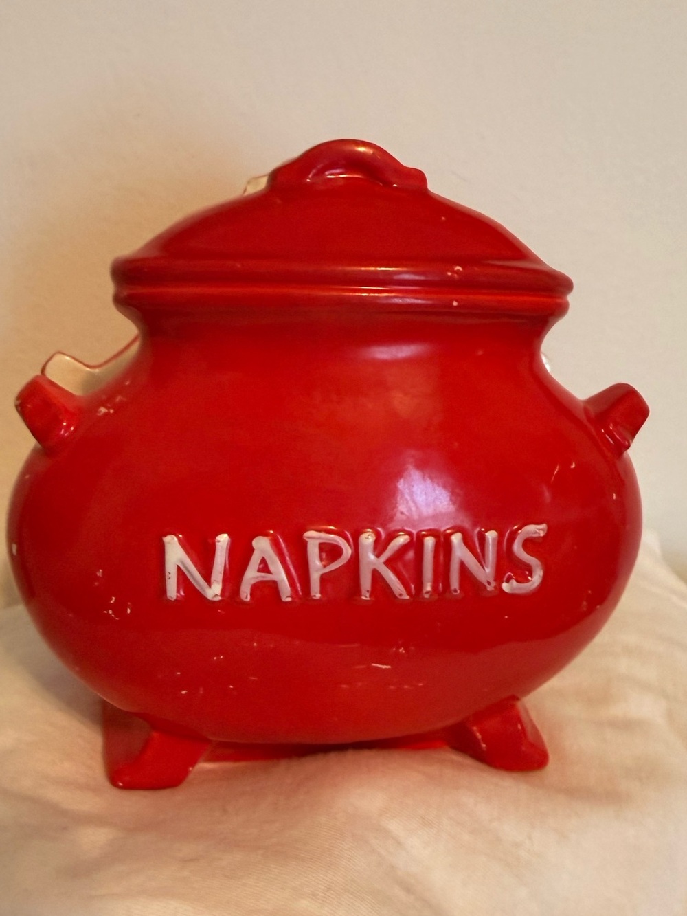VINTAGE 1950's Japan Lego Red Ceramic Tea Kettle Red Napkin Holder